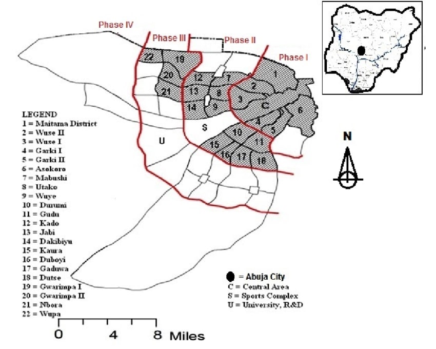 A map showing the phases of Abuja with 22 residential districts